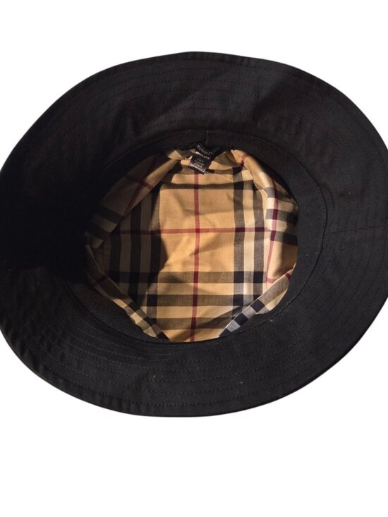 Burberry Bucket Hat Black With Band Plaid Inside One Size Genuine